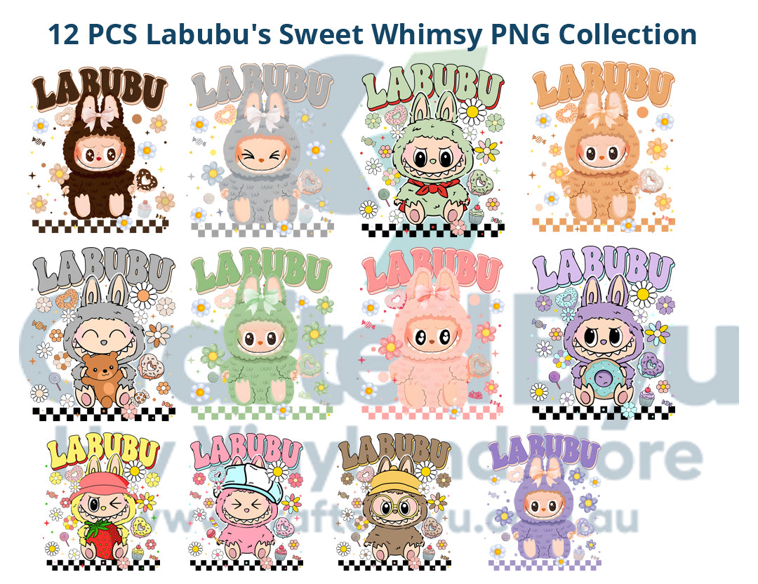 Collection of 12 Labubu character illustrations with various poses and outfits on a white background.