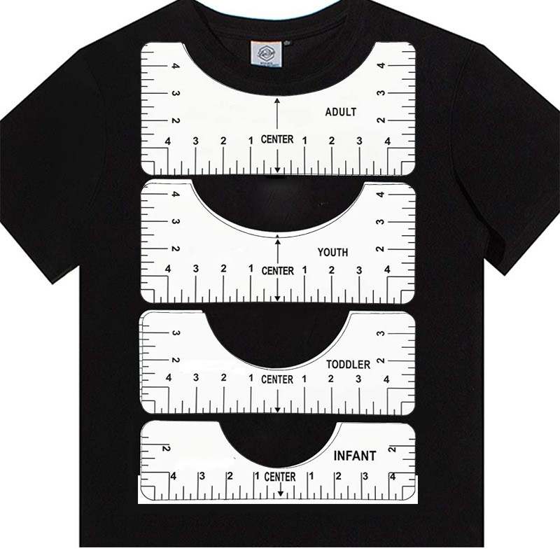 Set of 4 white T-shirt alignment rulers for precise HTV vinyl placement and screen printing design alignment on adult and kids tees.