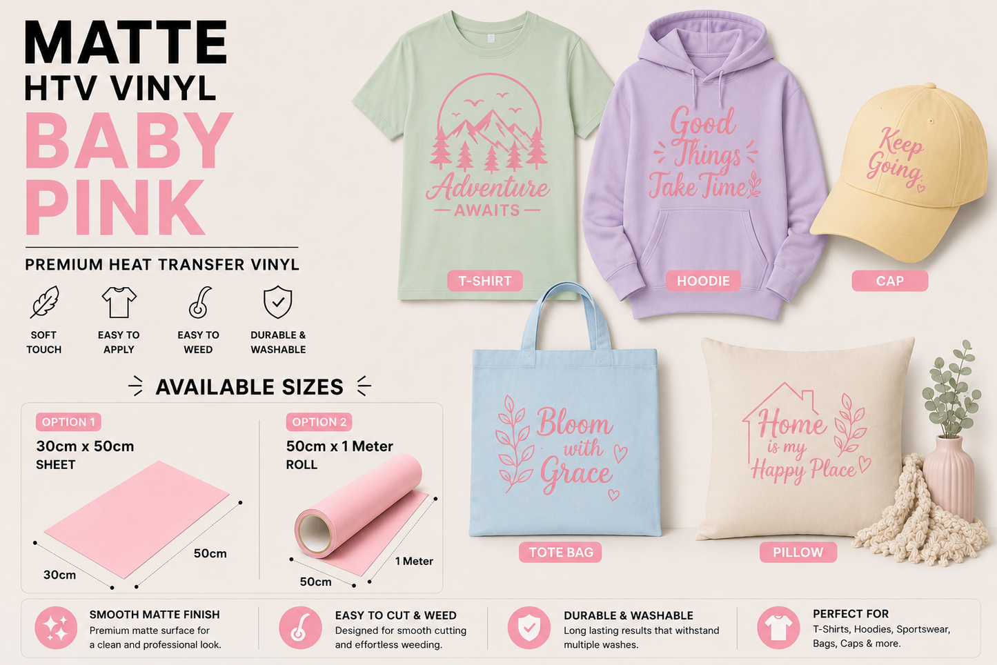 Baby Pink Heat Transfer Vinyl For T-Shirt Iron On Vinyl Roll
