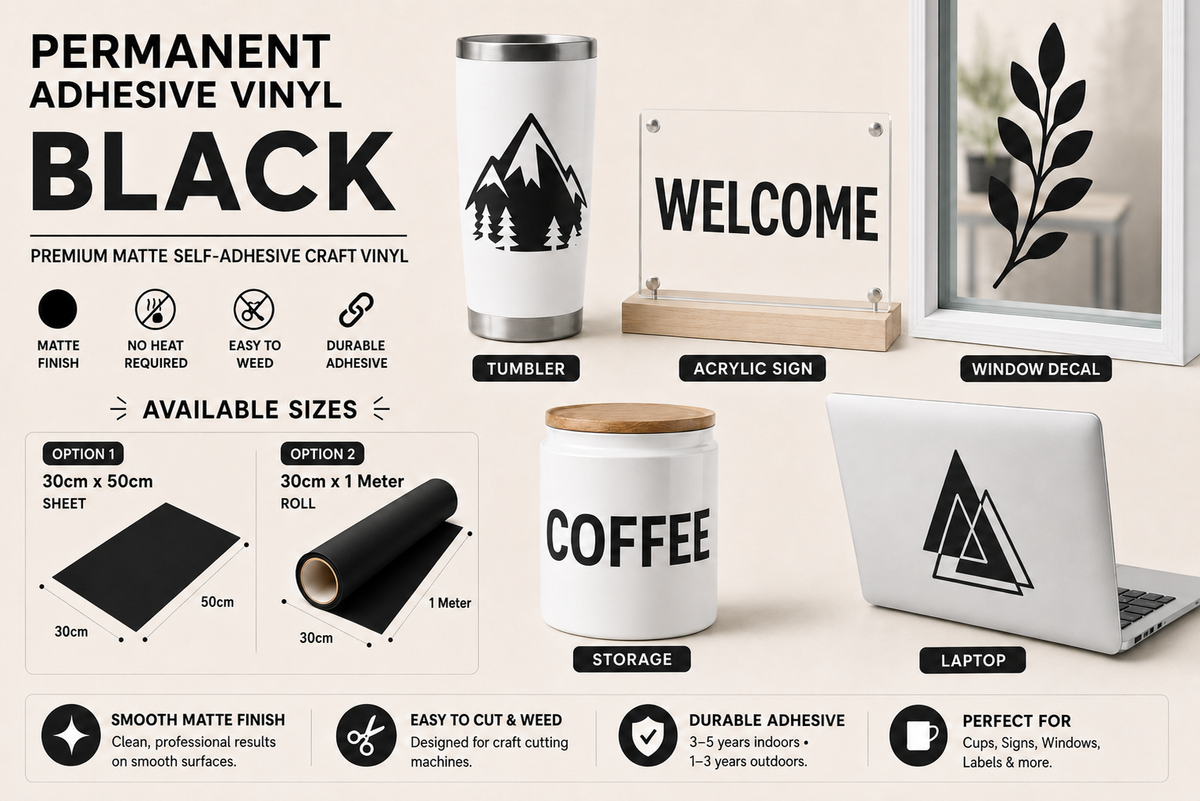 Black Matte Permanent Adhesive Vinyl application examples on tumbler, acrylic sign, window, storage container and laptop