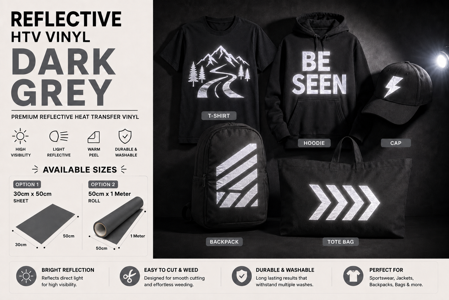 Dark Grey Reflective HTV Vinyl application examples on T-shirt, hoodie, cap, backpack and tote bag