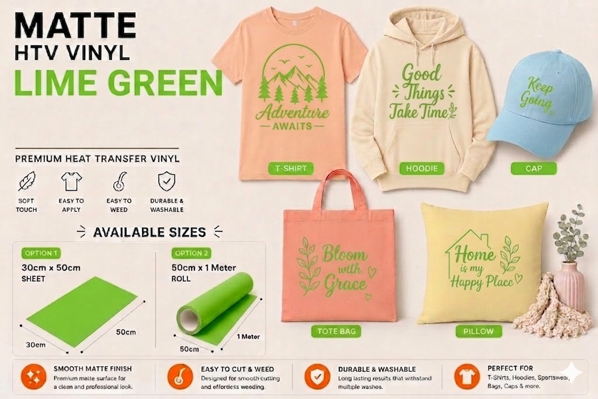 Crafted ByU Lime Green Heat Transfer Vinyl For T-Shirt Iron On Vinyl Roll application examples on finished custom craft projects
