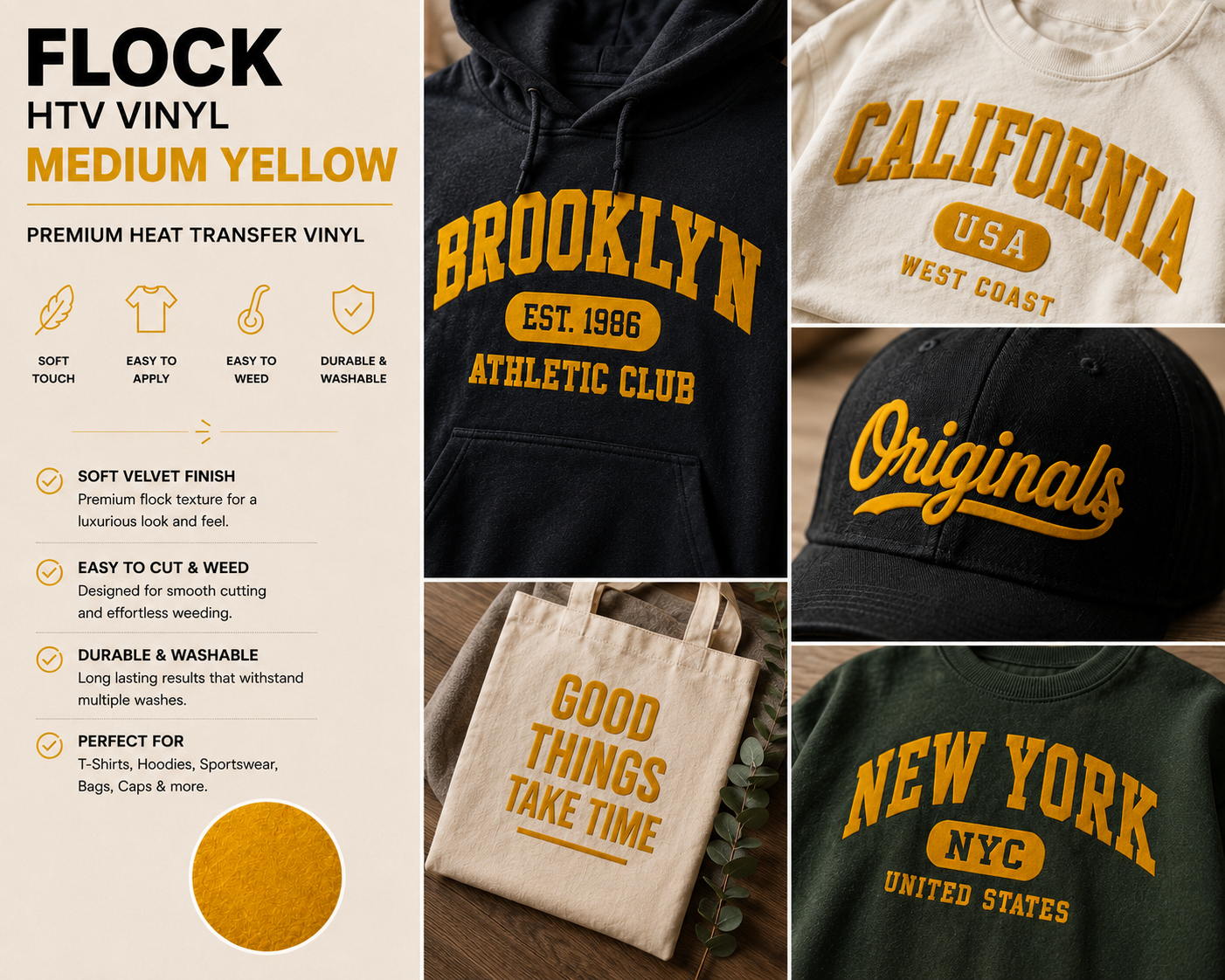 Crafted ByU Medium Yellow Flock HTV Vinyl Soft Velvet Heat Transfer Vinyl application examples on finished custom craft projects