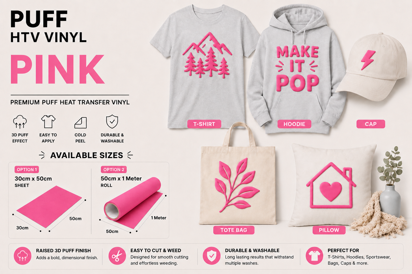 Pink Puff HTV Vinyl application examples on T-shirt, hoodie, cap, tote bag and cushion