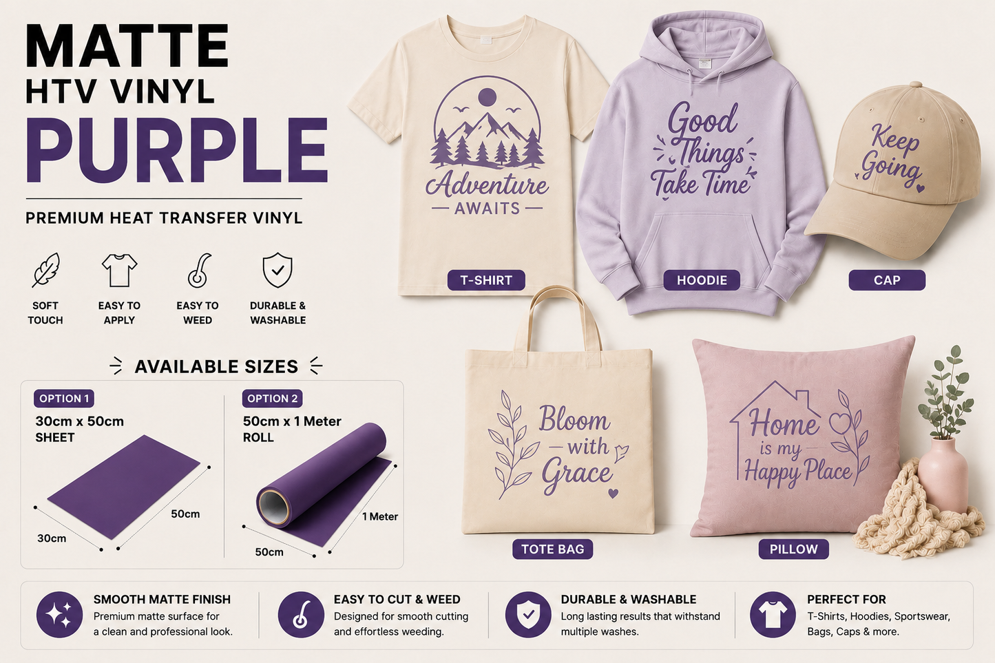 Crafted ByU Purple Heat Transfer Vinyl For T-Shirt Iron On Vinyl Roll application examples on finished custom craft projects