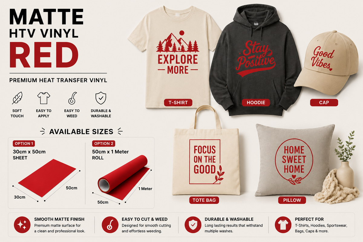 Crafted ByU Red Heat Transfer Vinyl For T-Shirt Iron On Vinyl Roll application examples on finished custom craft projects