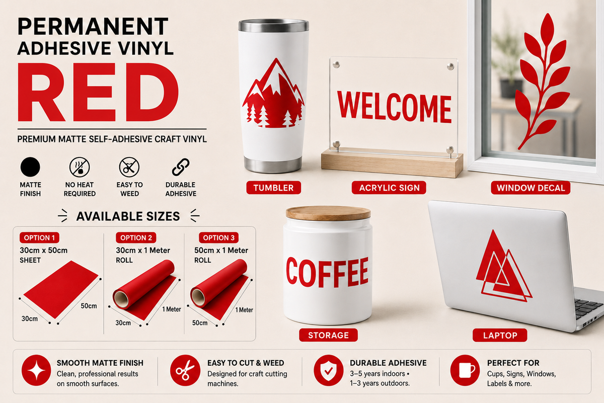 Red Matte Permanent Adhesive Vinyl application examples on tumbler, acrylic sign, window, storage container and laptop