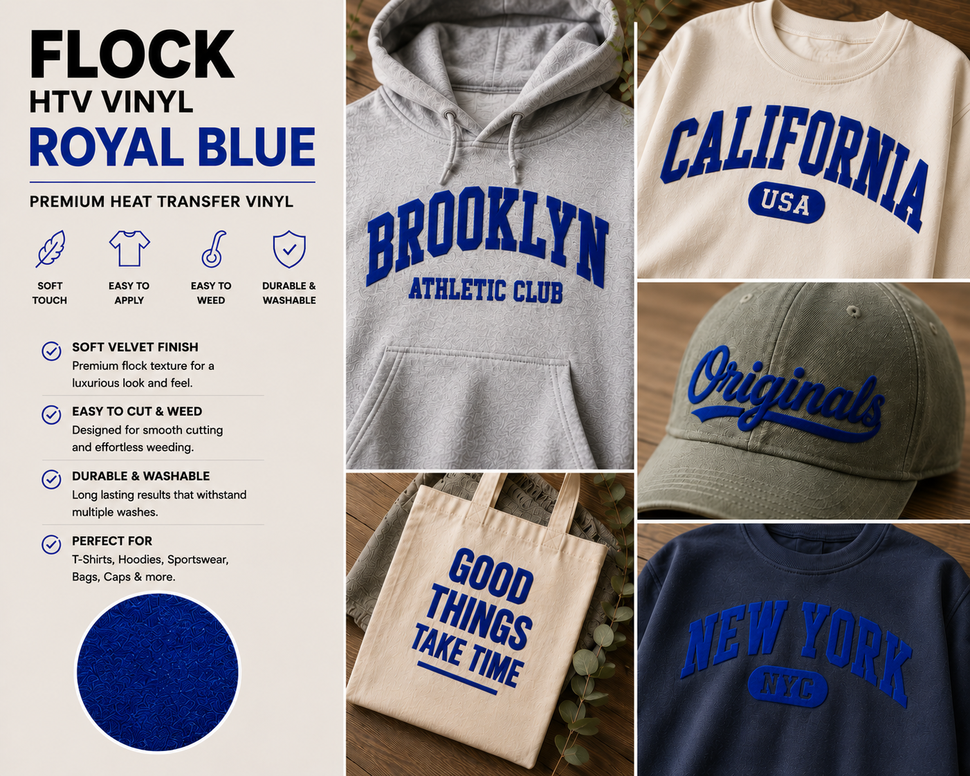 Crafted ByU Royal Blue Flock HTV Vinyl Soft Velvet Heat Transfer Vinyl application examples on finished custom craft projects