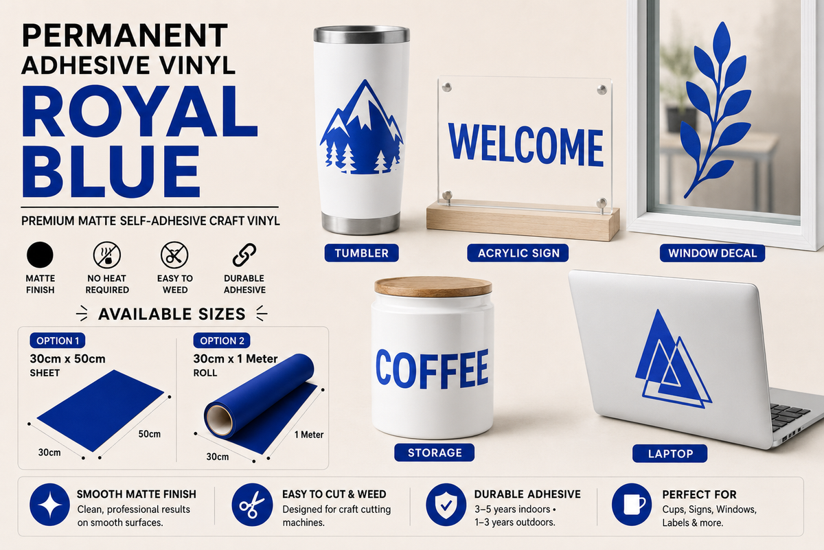 Royal Blue Matte Permanent Adhesive Vinyl application examples on tumbler, acrylic sign, window, storage container and laptop