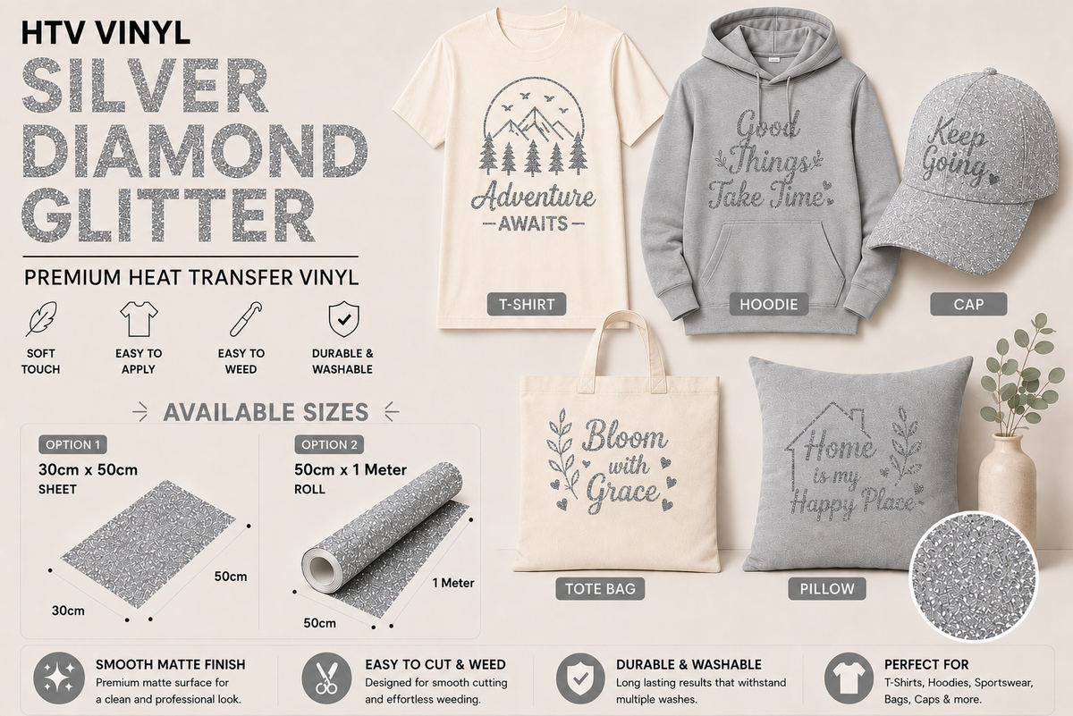 Crafted ByU Silver Diamond Glitter Heat Transfer Vinyl For T-Shirt Iron On Vinyl Roll application examples on finished custom craft projects