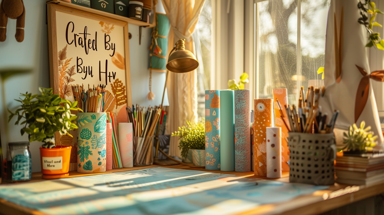 Desk with stationery items, books, and a framed picture in a bright room.