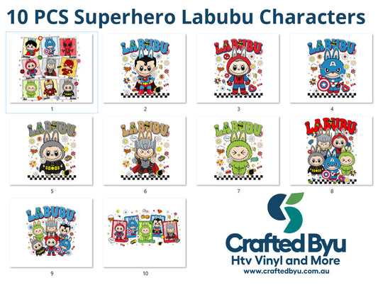 10 superhero Labubu character designs with 'Crafted Byu' logo.