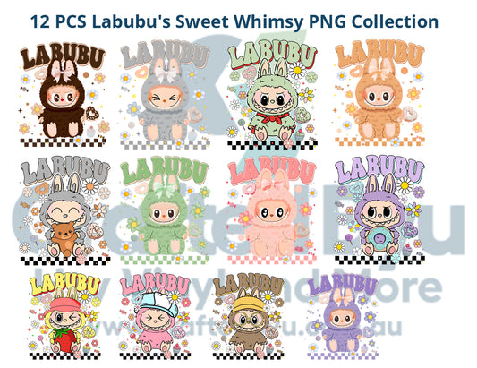 Collection of 12 Labubu character illustrations with various poses and outfits on a white background.