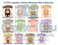 Collection of 12 Labubu character illustrations with various poses and outfits on a white background.