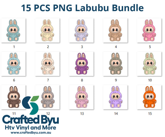 Crafted ByU Labubu Cute Monster Illustration Set – 15 PNG Files (High-Resolution, Digital Download) product guide showing the colour, finish and available options