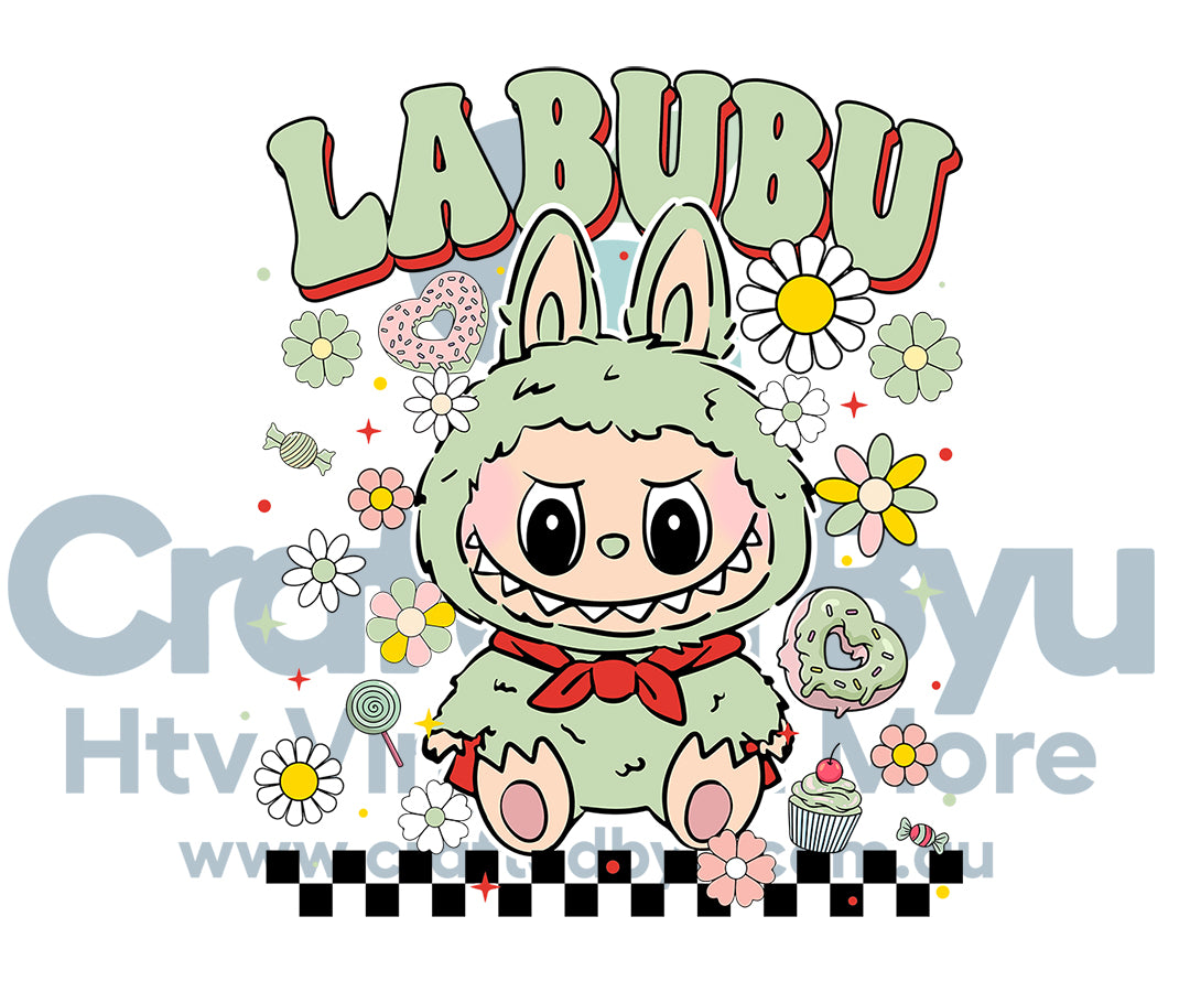 Cartoon character in a green outfit with bunny ears surrounded by flowers and 'LABUBU' text on a white background.