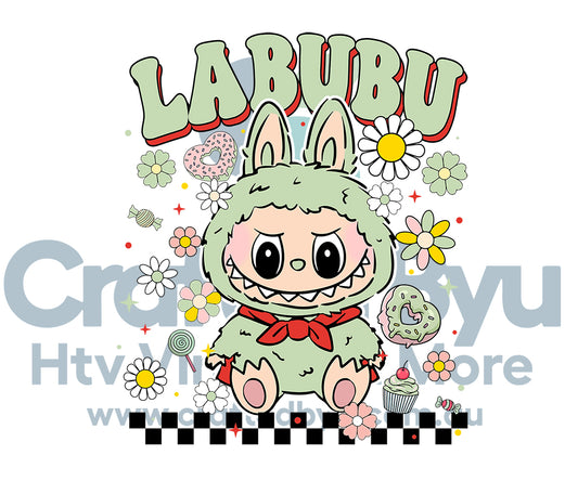 Cartoon character in a green outfit with bunny ears surrounded by flowers and 'LABUBU' text on a white background.