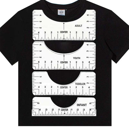 Set of 4 white T-shirt alignment rulers for precise HTV vinyl placement and screen printing design alignment on adult and kids tees.