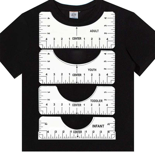 Set of 4 white T-shirt alignment rulers for precise HTV vinyl placement and screen printing design alignment on adult and kids tees.