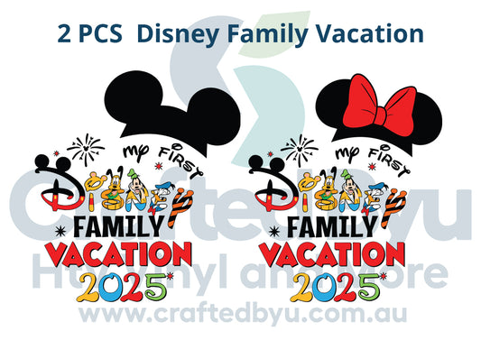 Two Disney-themed decals for family vacation with text 'My First Disney Family Vacation 2025' on a white background.