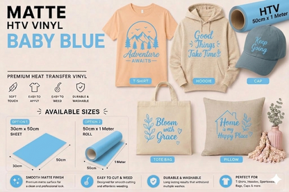 Crafted ByU Baby Blue Heat Transfer Vinyl For T-Shirt Iron On Vinyl Roll application examples on finished custom craft projects