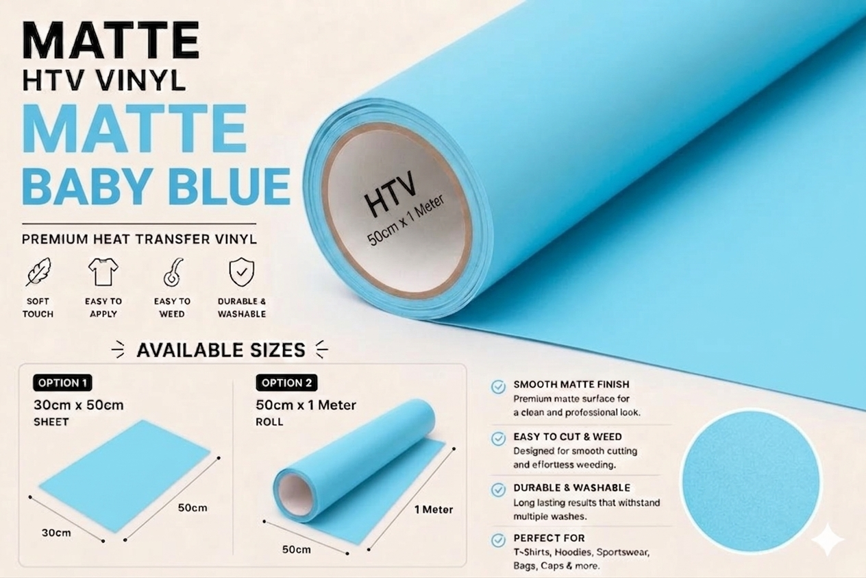 Crafted ByU Baby Blue Heat Transfer Vinyl For T-Shirt Iron On Vinyl Roll product guide showing the colour, finish and available options