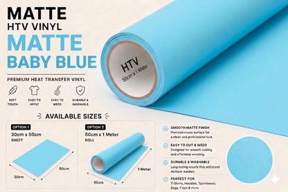 Crafted ByU Baby Blue Heat Transfer Vinyl For T-Shirt Iron On Vinyl Roll product guide showing the colour, finish and available options