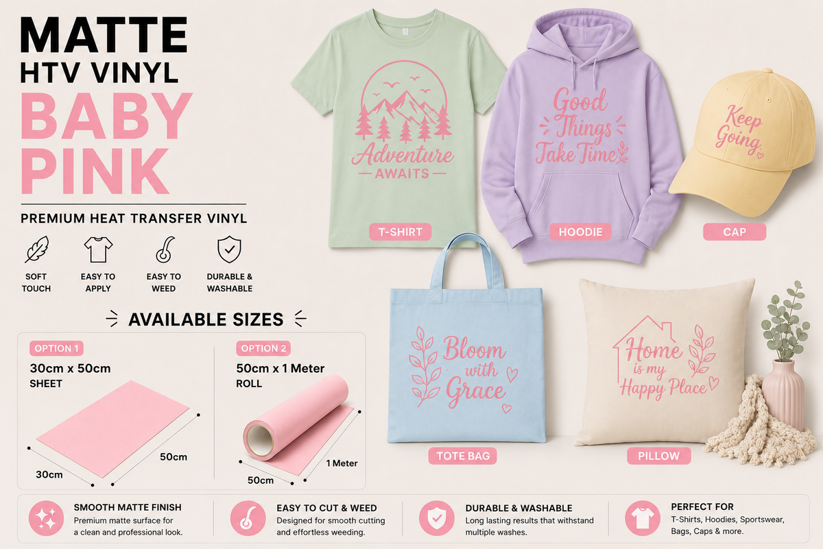 Crafted ByU Baby Pink Heat Transfer Vinyl For T-Shirt Iron On Vinyl Roll application examples on finished custom craft projects