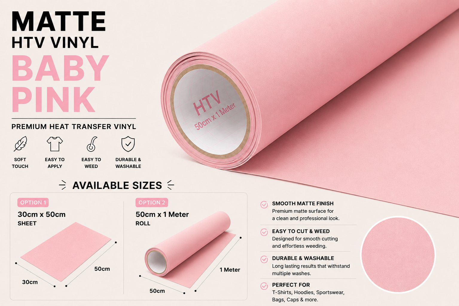 Crafted ByU Baby Pink Heat Transfer Vinyl For T-Shirt Iron On Vinyl Roll product guide showing the colour, finish and available options