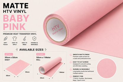 Crafted ByU Baby Pink Heat Transfer Vinyl For T-Shirt Iron On Vinyl Roll product guide showing the colour, finish and available options