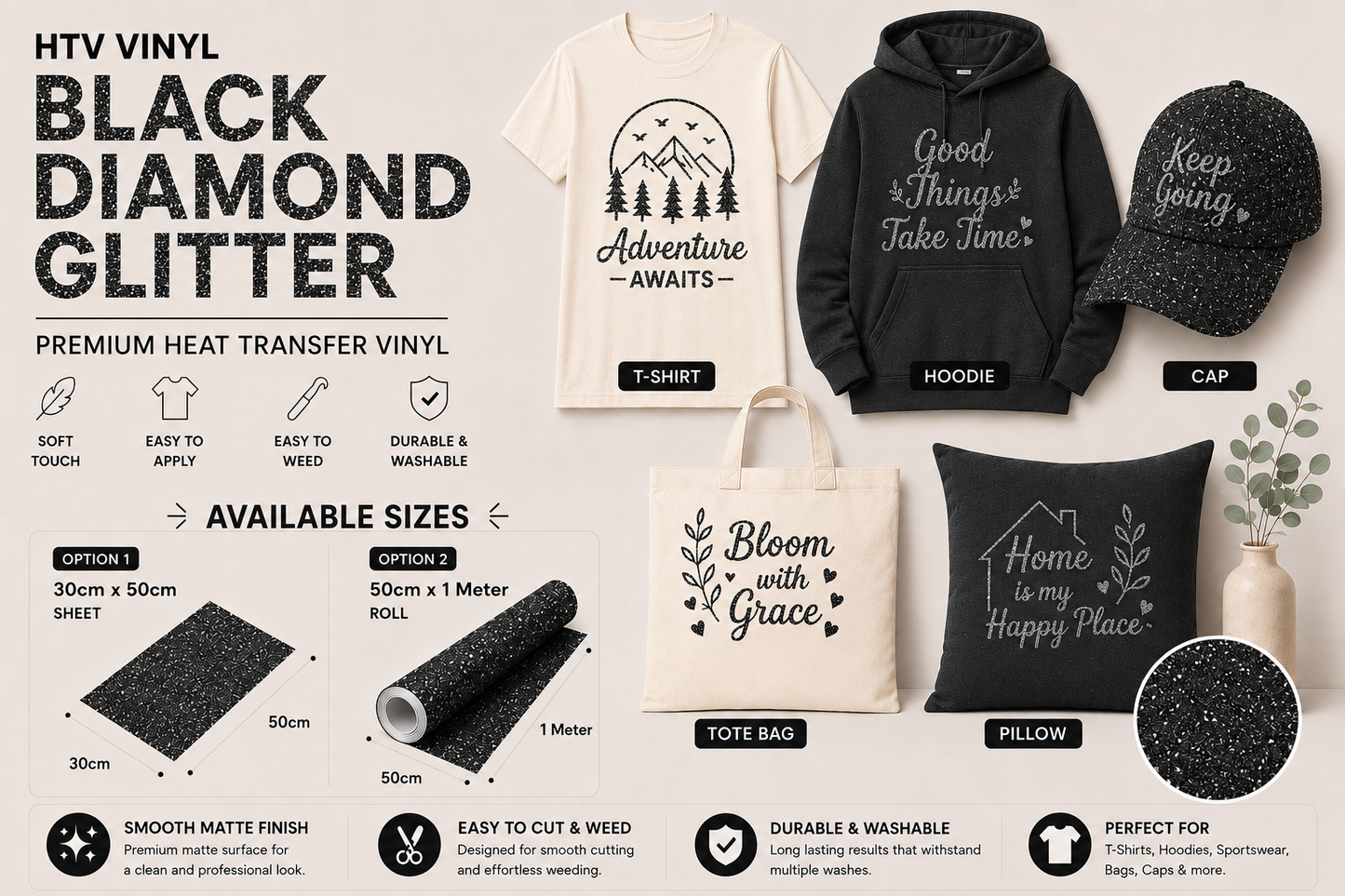 Crafted ByU Black Diamond Glitter Heat Transfer Vinyl For T-Shirt Iron On Vinyl Roll application examples on finished custom craft projects
