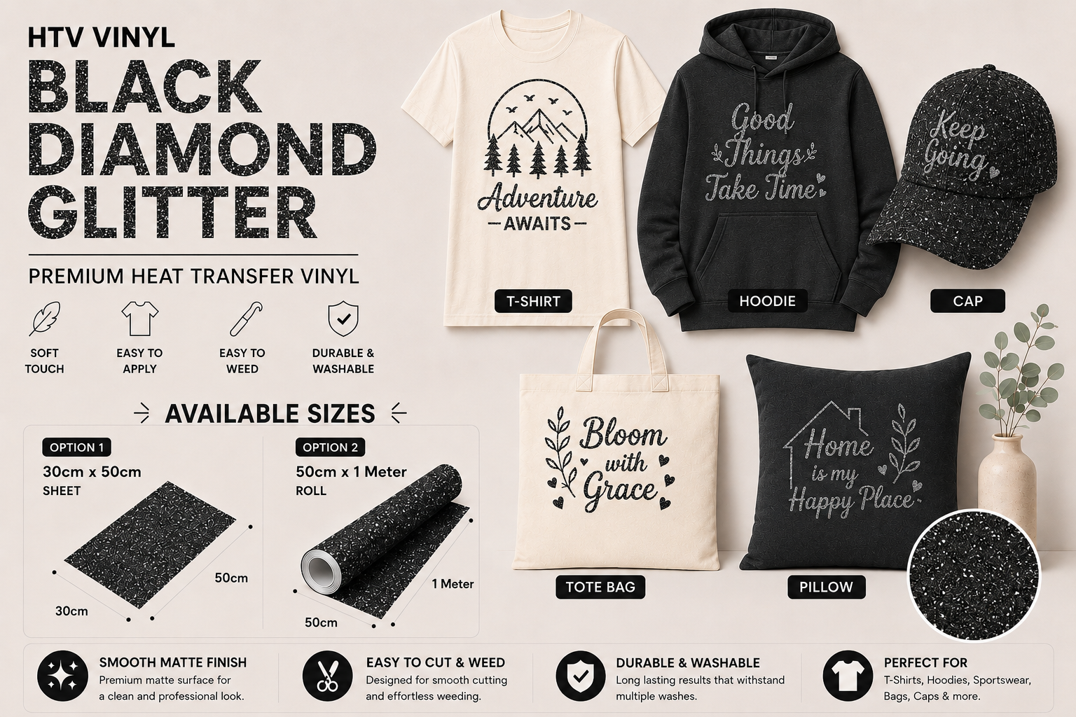 Crafted ByU Black Diamond Glitter Heat Transfer Vinyl For T-Shirt Iron On Vinyl Roll application examples on finished custom craft projects