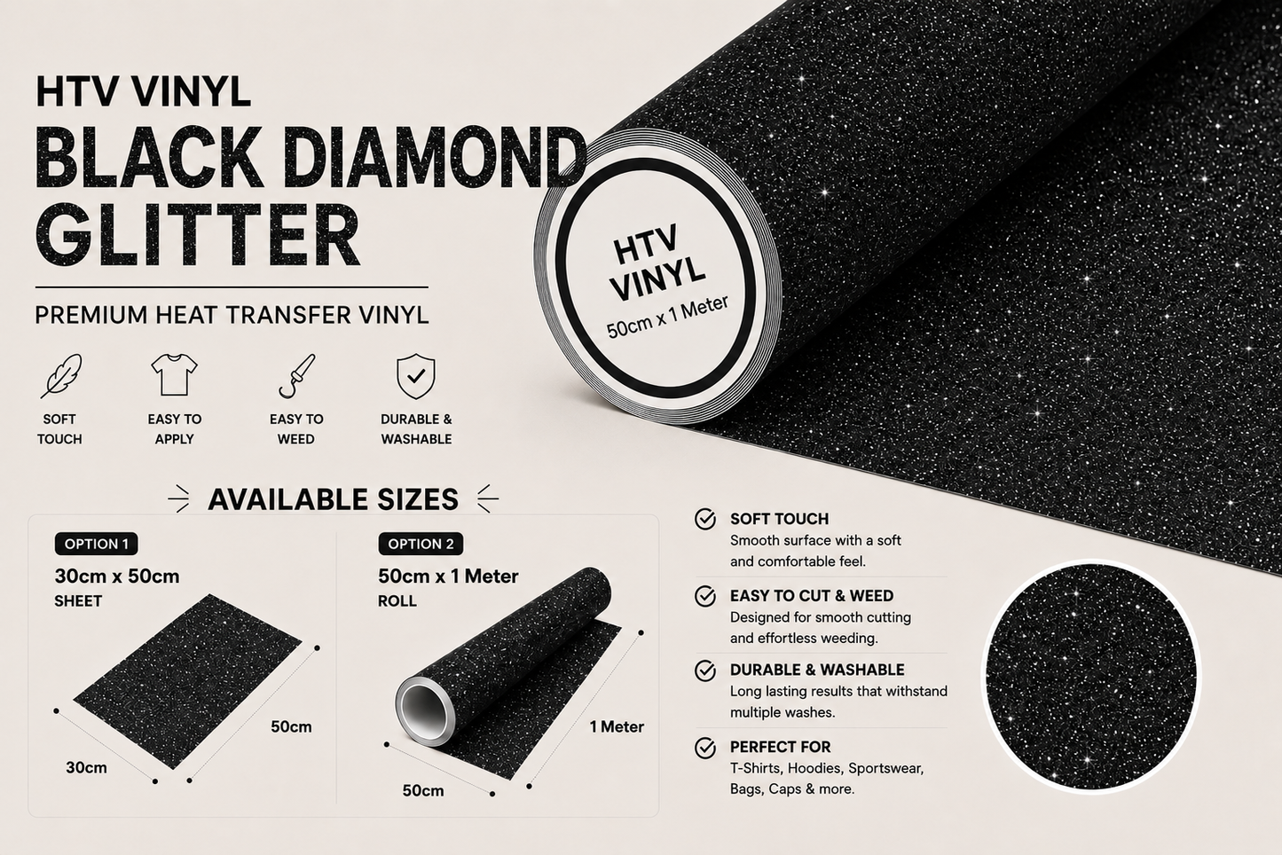 Crafted ByU Black Diamond Glitter Heat Transfer Vinyl For T-Shirt Iron On Vinyl Roll product guide showing the colour, finish and available options
