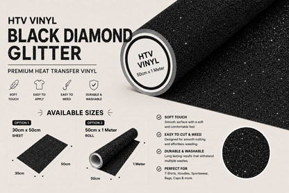 Crafted ByU Black Diamond Glitter Heat Transfer Vinyl For T-Shirt Iron On Vinyl Roll product guide showing the colour, finish and available options
