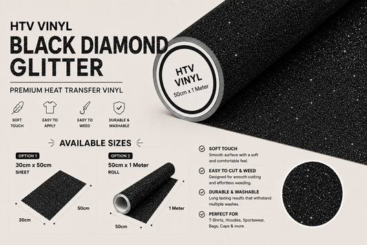 Crafted ByU Black Diamond Glitter Heat Transfer Vinyl For T-Shirt Iron On Vinyl Roll product guide showing the colour, finish and available options