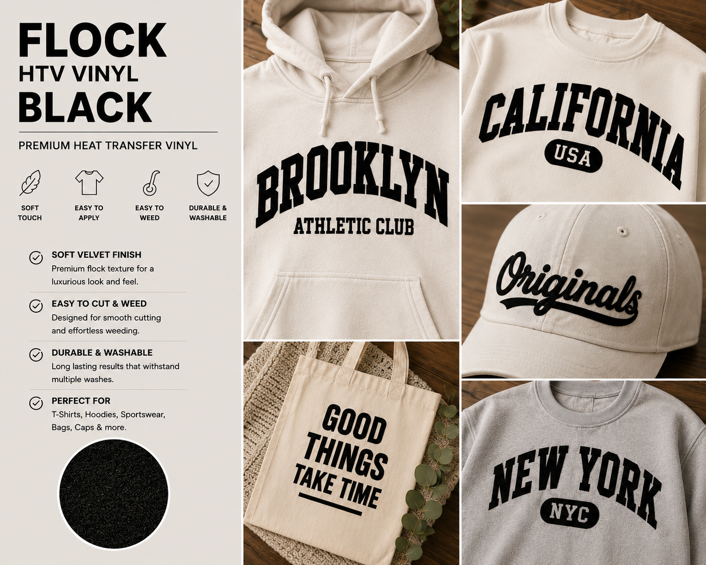 Crafted ByU Black Flock HTV Vinyl Soft Velvet Heat Transfer Vinyl application examples on finished custom craft projects