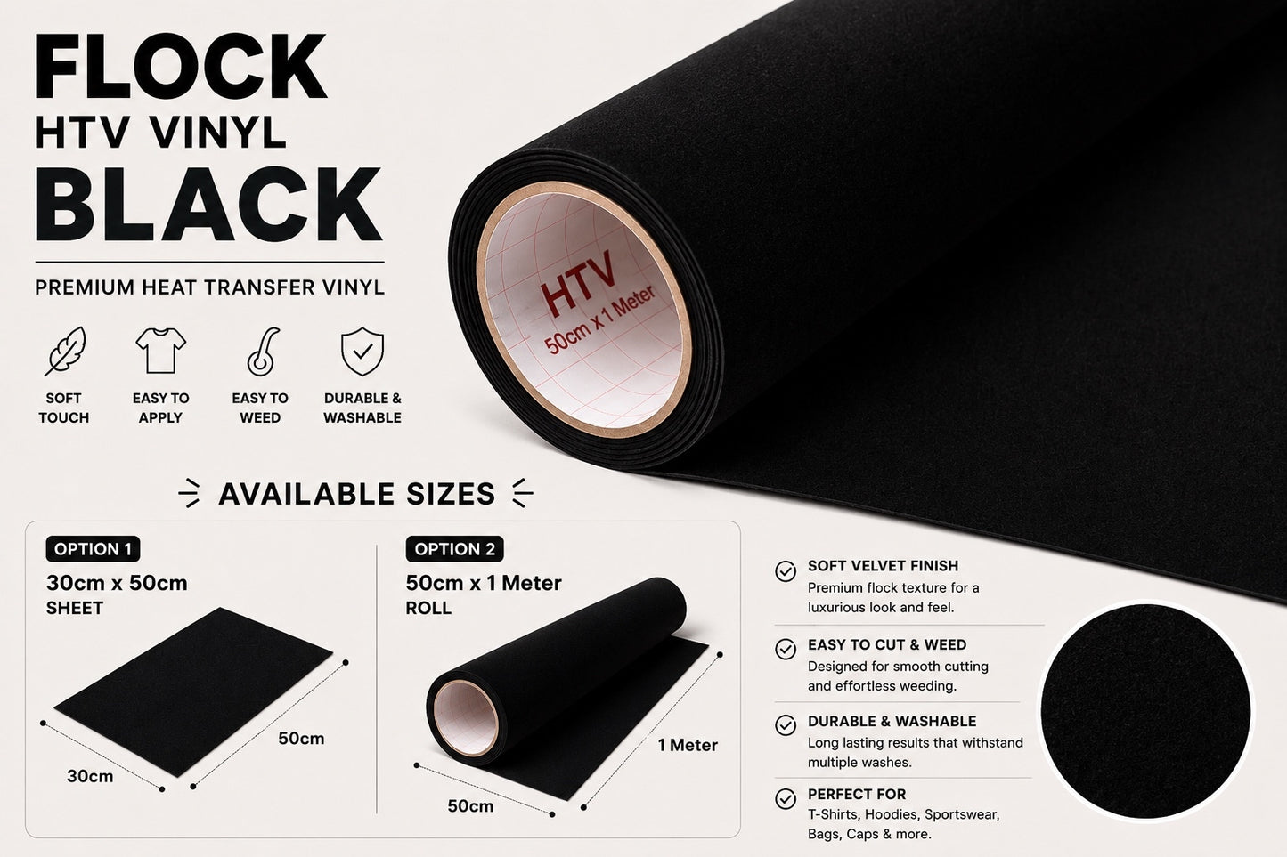 Crafted ByU Black Flock HTV Vinyl Soft Velvet Heat Transfer Vinyl product guide showing the colour, finish and available options