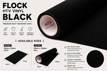 Crafted ByU Black Flock HTV Vinyl Soft Velvet Heat Transfer Vinyl product guide showing the colour, finish and available options