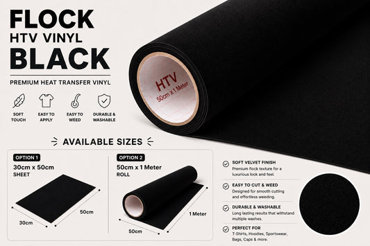 Crafted ByU Black Flock HTV Vinyl Soft Velvet Heat Transfer Vinyl product guide showing the colour, finish and available options