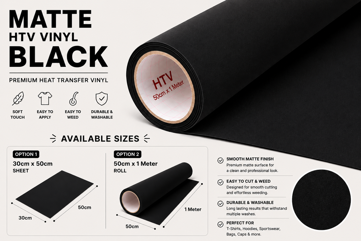 Crafted ByU Black Heat Transfer Vinyl For T-Shirt Iron On Vinyl Roll product guide showing the colour, finish and available options