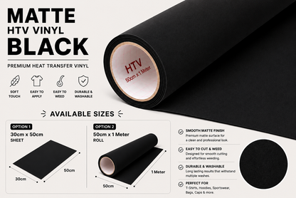 Crafted ByU Black Heat Transfer Vinyl For T-Shirt Iron On Vinyl Roll product guide showing the colour, finish and available options