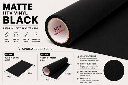 Crafted ByU Black Heat Transfer Vinyl For T-Shirt Iron On Vinyl Roll product guide showing the colour, finish and available options