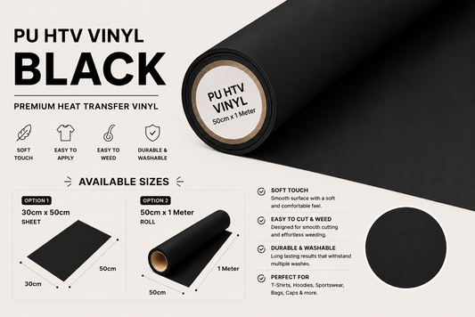 Crafted ByU Black PU Heat Transfer Vinyl For T-Shirt Iron On Vinyl Roll product guide showing the colour, finish and available options