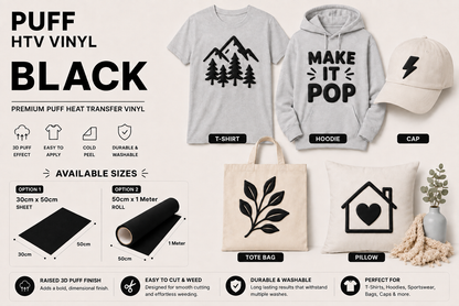 Black Puff HTV Vinyl application examples on T-shirt, hoodie, cap, tote bag and cushion