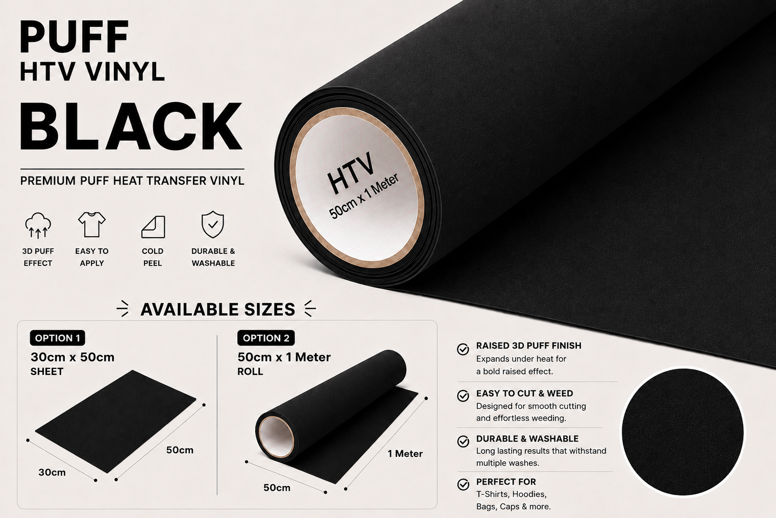 Black Puff HTV Vinyl product information, features and available sizes