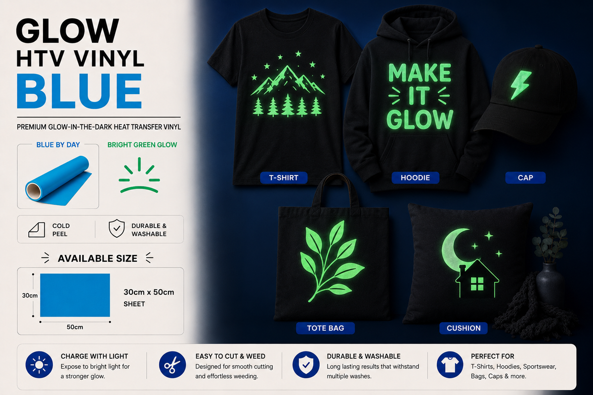 Blue Glow in the Dark HTV Vinyl application examples on T-shirt, hoodie, cap, tote bag and cushion