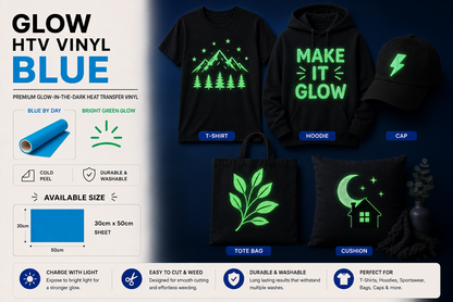 Blue Glow in the Dark HTV Vinyl application examples on T-shirt, hoodie, cap, tote bag and cushion
