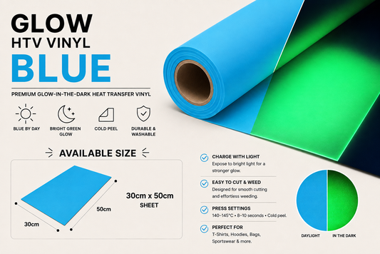 Blue Glow in the Dark HTV Vinyl product information, daylight colour, bright green glow and 30 x 50 cm size