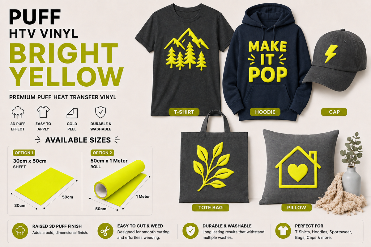 Bright Yellow Puff HTV Vinyl application examples on T-shirt, hoodie, cap, tote bag and cushion