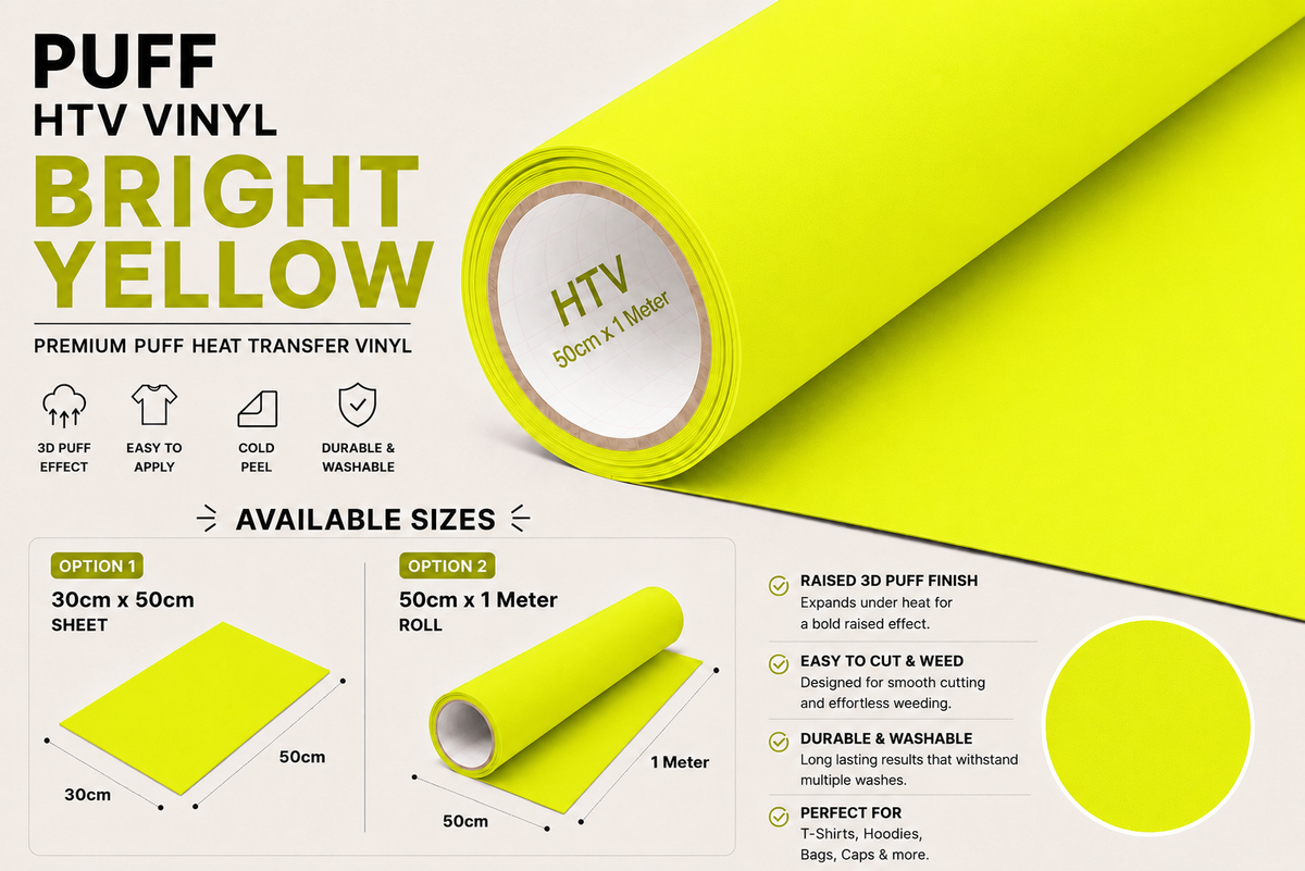 Bright Yellow Puff HTV Vinyl product information, features and available sizes